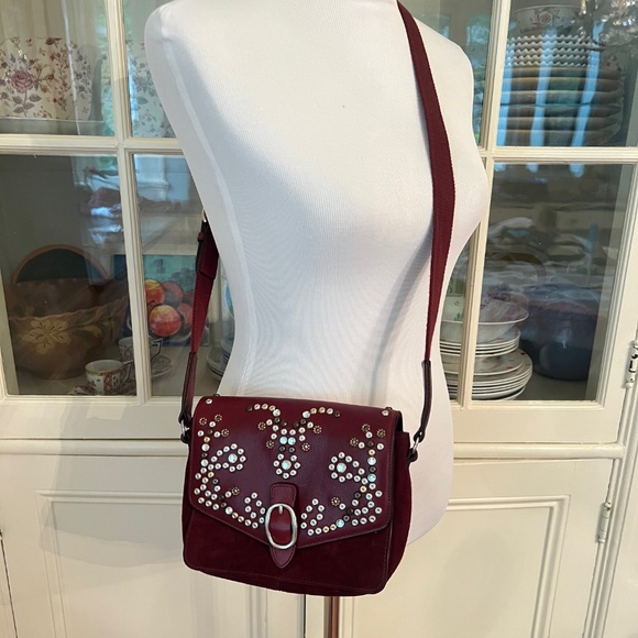 ISABEL MARANT Elvis Studded Crossbody Shoulder Bag Burgundy Suede/ Leather - Picture 1 of 16